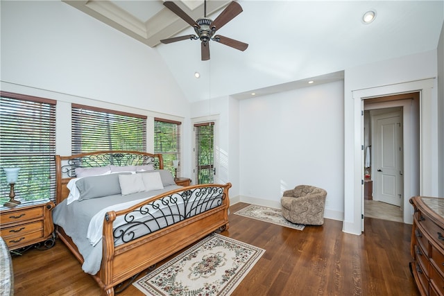 bedroom with high vaulted ceiling, ceiling fan, and dark wood-type flooring