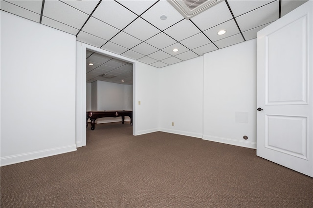 carpeted spare room featuring a paneled ceiling and billiards