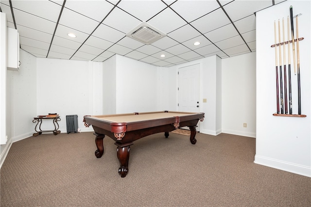 rec room featuring a paneled ceiling, carpet flooring, radiator, and billiards