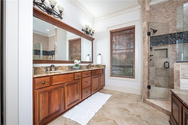 606 Majesty Ct, Salem, SC 29676 - bathroom featuring a sink, crown molding, a stall shower, and double vanity