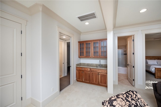 interior space featuring light carpet, light stone countertops, and sink