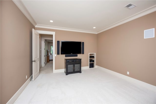 carpeted living room featuring ornamental molding