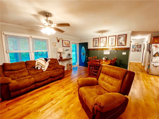 living room featuring ceiling fan, light wood-type flooring, and ornamental molding