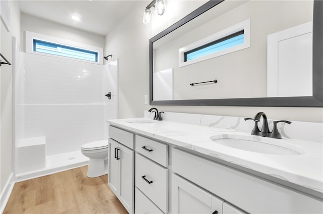 bathroom featuring walk in shower, a healthy amount of sunlight, vanity, and toilet