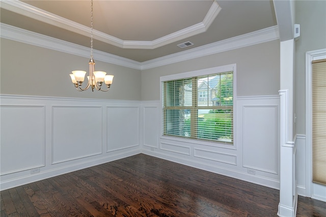 unfurnished dining area featuring an inviting chandelier, a raised ceiling, crown molding, and dark hardwood / wood-style flooring