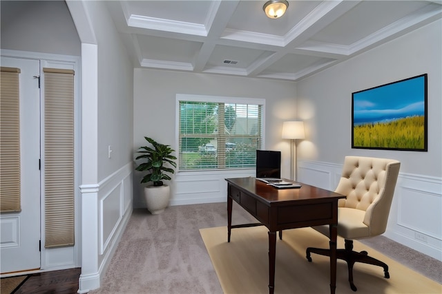 home office featuring coffered ceiling, light colored carpet, ornamental molding, and beam ceiling