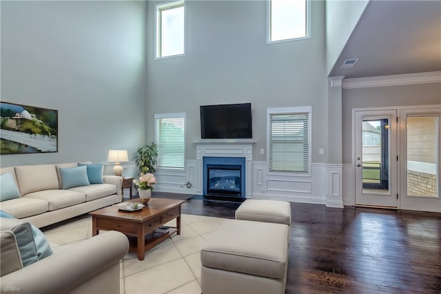 living room featuring a healthy amount of sunlight, a high ceiling, and hardwood / wood-style floors