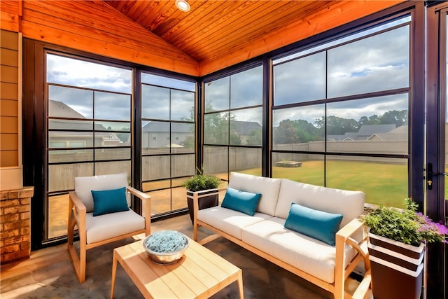 sunroom / solarium featuring wooden ceiling and lofted ceiling