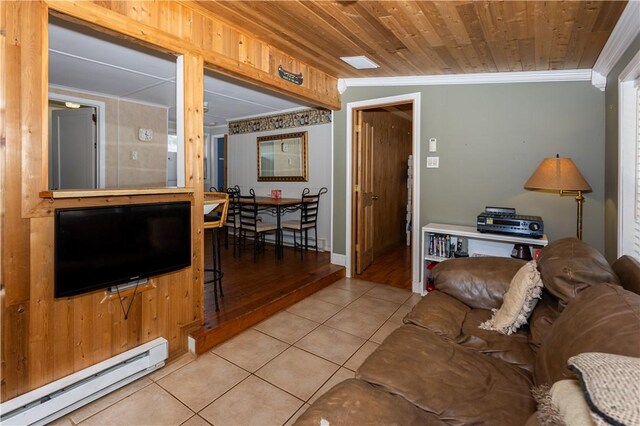 living room featuring crown molding, wood ceiling, light tile patterned flooring, and a baseboard radiator