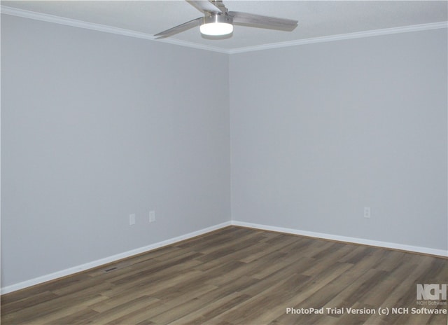 unfurnished room featuring dark hardwood / wood-style flooring, ceiling fan, and crown molding