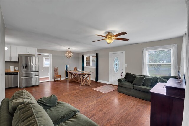 living room featuring ceiling fan with notable chandelier and dark hardwood / wood-style flooring