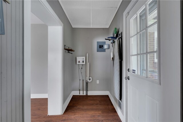 interior space featuring electric panel and dark wood-type flooring