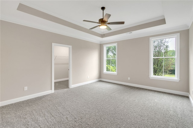 carpeted empty room with ceiling fan, a tray ceiling, ornamental molding, and plenty of natural light