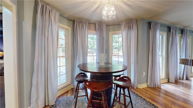 dining room featuring hardwood / wood-style flooring and a notable chandelier