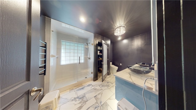 bathroom with a shower, vanity, toilet, and a notable chandelier