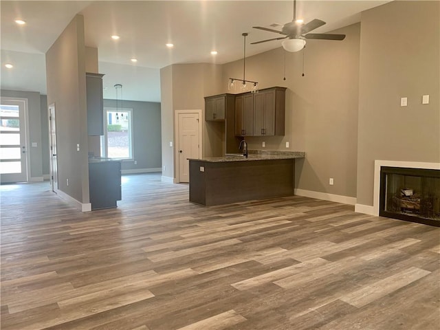 kitchen with a peninsula, a fireplace, open floor plan, and wood finished floors