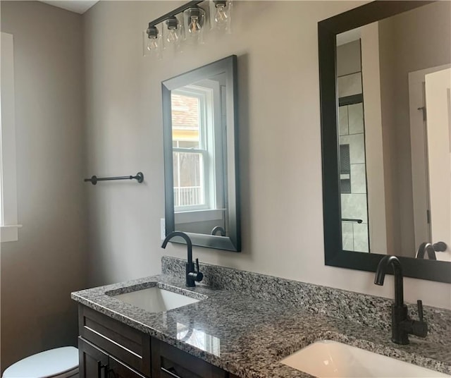 bathroom featuring toilet, double vanity, and a sink