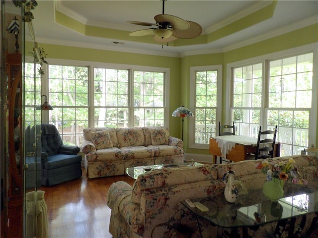 interior space featuring wood-type flooring, ornamental molding, and a tray ceiling