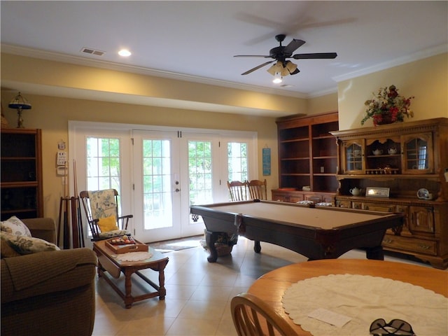 game room with ceiling fan, french doors, billiards, light tile patterned flooring, and crown molding