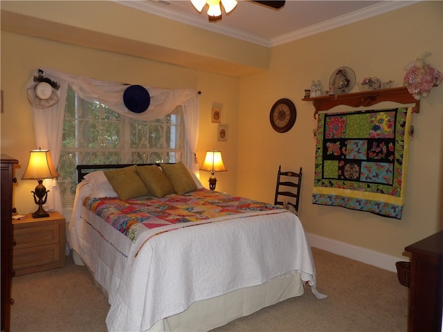 bedroom with ornamental molding, light carpet, and ceiling fan