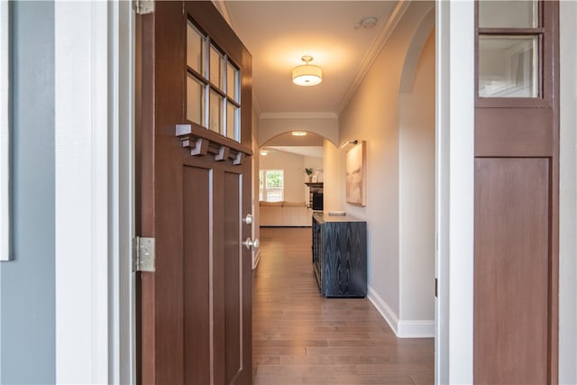 corridor featuring hardwood / wood-style floors and crown molding