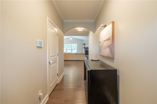 hallway featuring ornamental molding, vaulted ceiling, and dark hardwood / wood-style flooring