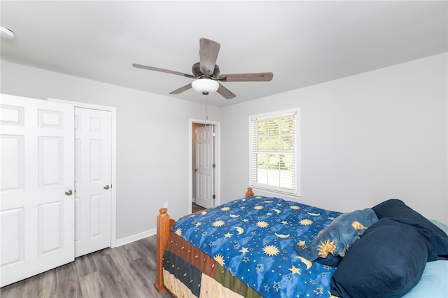 bedroom with a closet, ceiling fan, and hardwood / wood-style floors