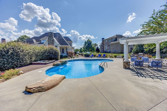 view of swimming pool with a pergola, outdoor lounge area, and a patio area