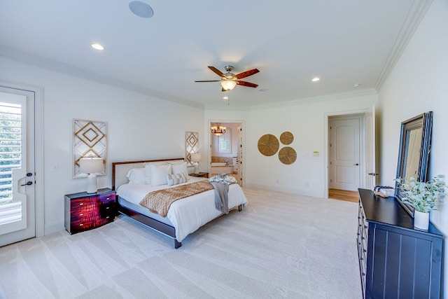 carpeted bedroom with crown molding, ceiling fan, and access to exterior