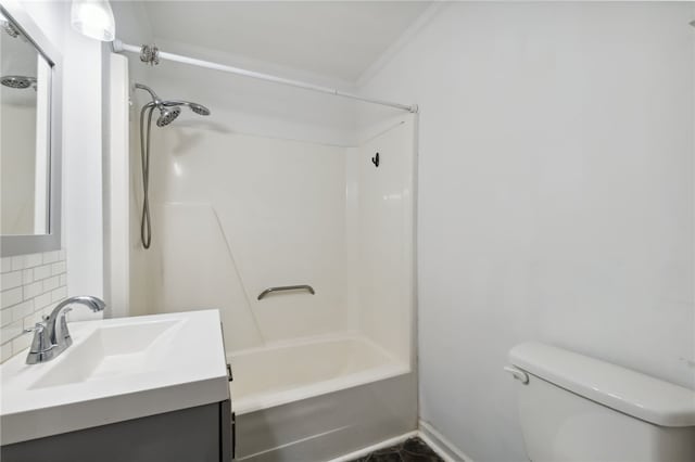 full bathroom featuring backsplash, vanity, shower / bathtub combination, ornamental molding, and toilet