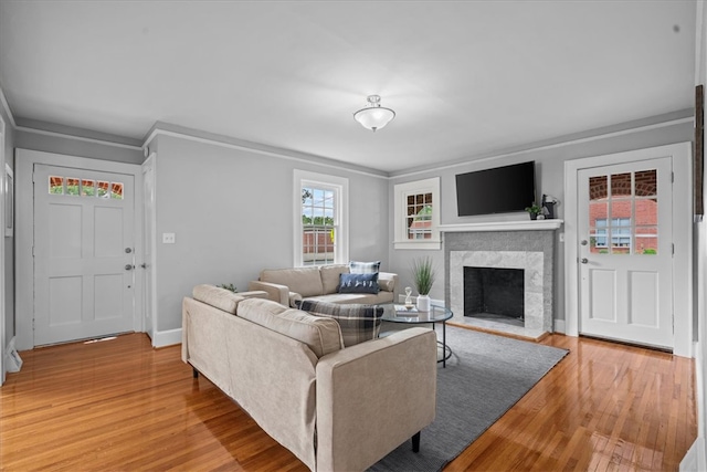 living room featuring light hardwood / wood-style floors, ornamental molding, and a fireplace