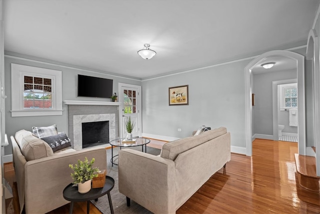 living room featuring a wealth of natural light, crown molding, and light wood-type flooring