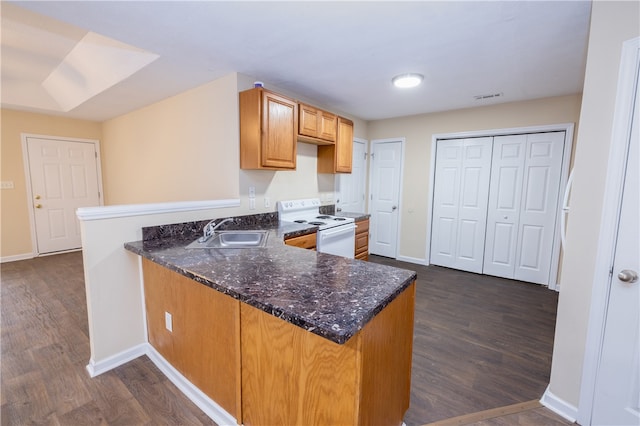 kitchen with sink, electric range, kitchen peninsula, and dark hardwood / wood-style floors