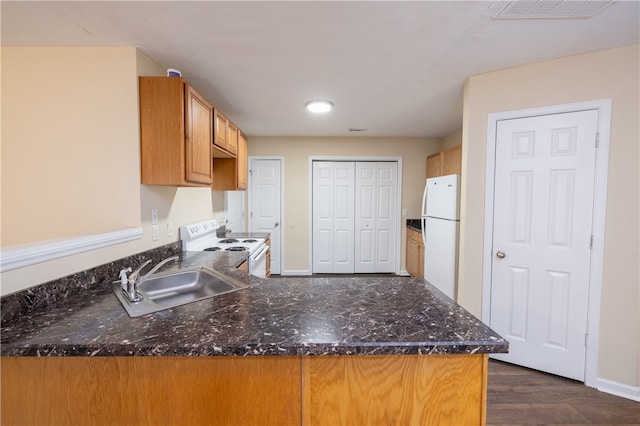 kitchen featuring dark wood-type flooring, kitchen peninsula, dark stone countertops, sink, and white appliances