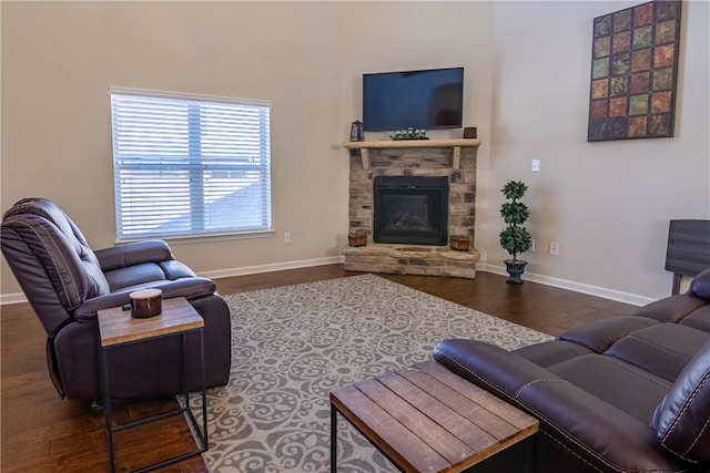 living room with wood-type flooring and a stone fireplace