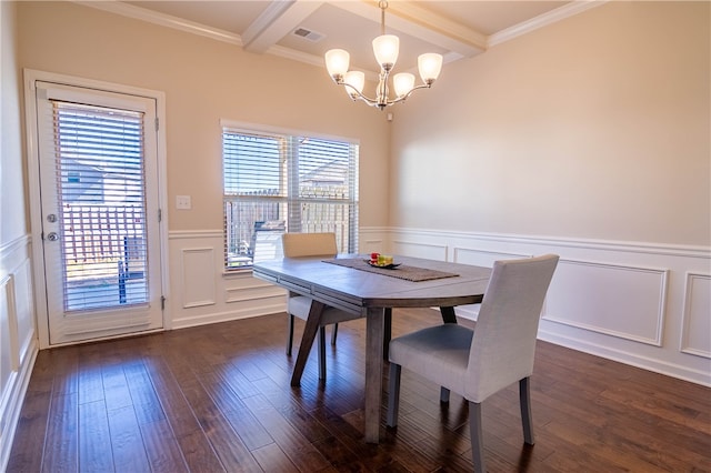 dining area with a notable chandelier, beamed ceiling, dark wood-type flooring, and crown molding