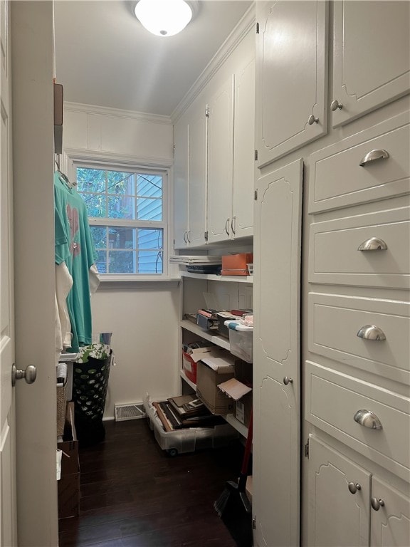 spacious closet with dark hardwood / wood-style flooring