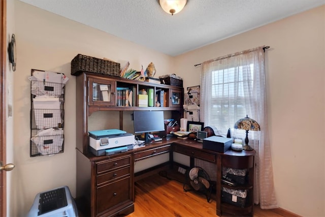 office featuring a textured ceiling and light hardwood / wood-style flooring