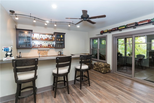 bar featuring ceiling fan and dark hardwood / wood-style flooring