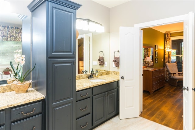 bathroom with ornamental molding, plenty of natural light, vanity, and wood-type flooring