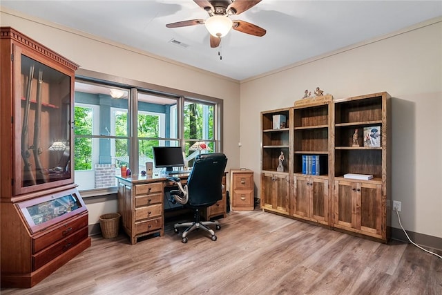 328 Grand Overlook Dr, Seneca, SC 29678 - office space with light wood-type flooring, ceiling fan, and ornamental molding