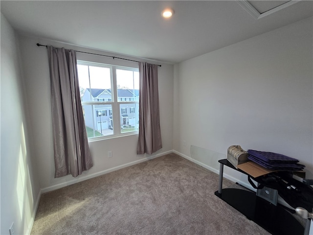 miscellaneous room featuring light colored carpet