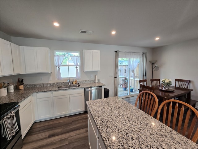 kitchen featuring white cabinets, sink, stainless steel appliances, and dark wood-type flooring