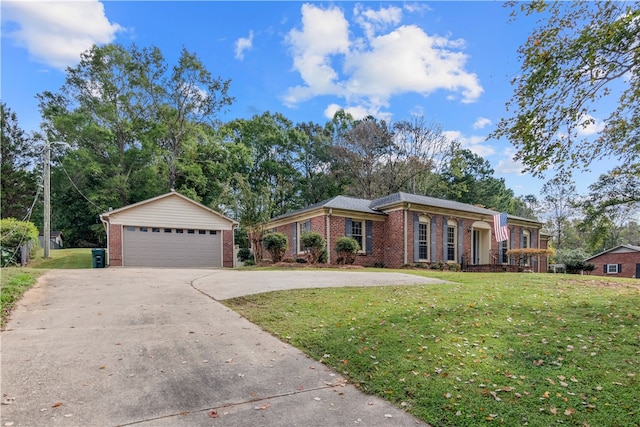 ranch-style home with a garage and a front lawn