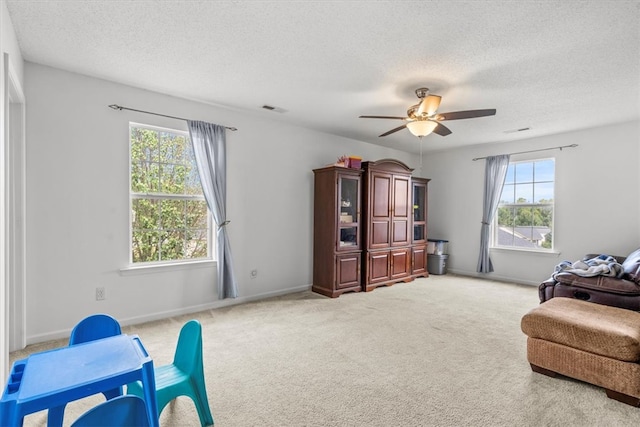 living area featuring ceiling fan, a textured ceiling, carpet flooring, and a wealth of natural light