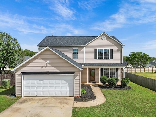 front facade with a garage and a front lawn