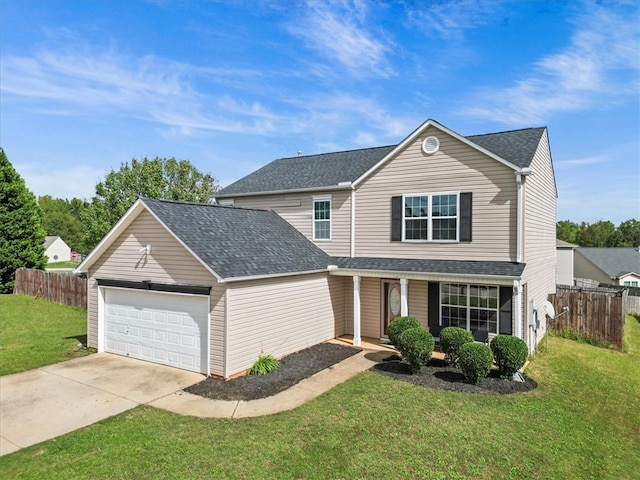 view of property with a front yard and a garage