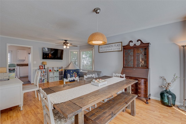 dining room featuring light wood-type flooring, ceiling fan, a textured ceiling, and crown molding