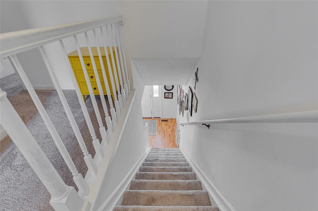 staircase featuring carpet floors