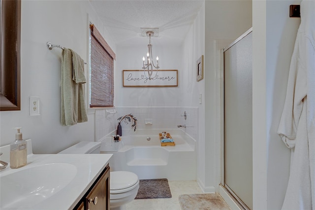 full bathroom featuring vanity, a textured ceiling, a chandelier, plus walk in shower, and toilet